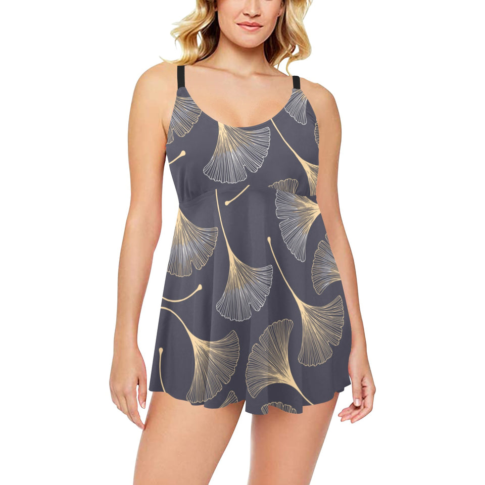 Gold ginkgo leaves Chest Sexy Pleated Two Piece Swim Dress
