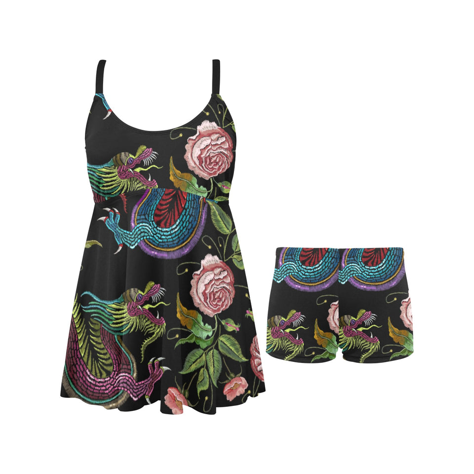 Dragons flower pattern Chest Sexy Pleated Two Piece Swim Dress