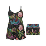 Dragons flower pattern Chest Sexy Pleated Two Piece Swim Dress