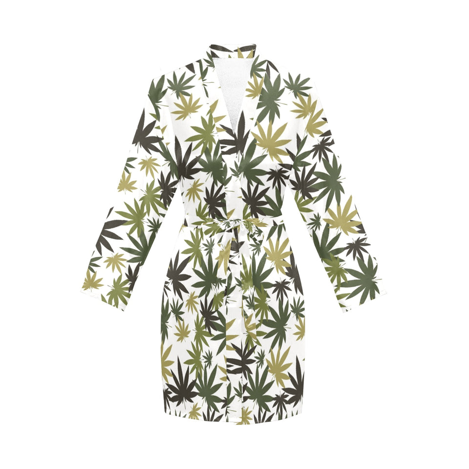 Canabis Marijuana Weed Pattern Print Design 05 Women's Long Sleeve Belted Night Robe