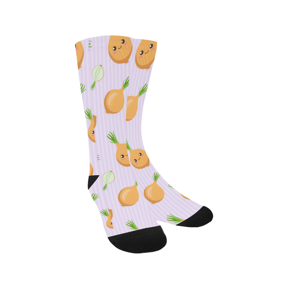 cute onions smiling faces purple background Crew Socks