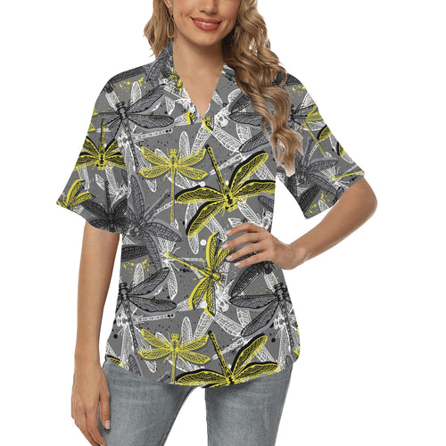 Hand drawn dragonfly pattern Women's All Over Print Hawaiian Shirt