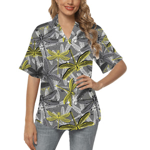Hand drawn dragonfly pattern Women's All Over Print Hawaiian Shirt