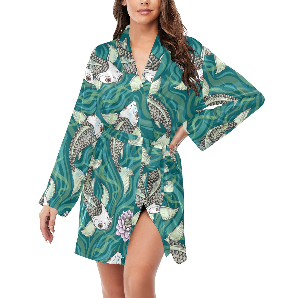 Koi Fish Carp Fish lotus pattern Women's Long Sleeve Belted Night Robe