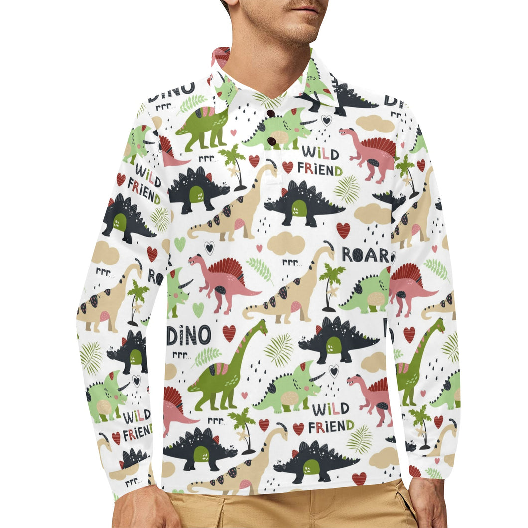 Cute dinosaurs pattern Men's Long Sleeve Polo Shirt