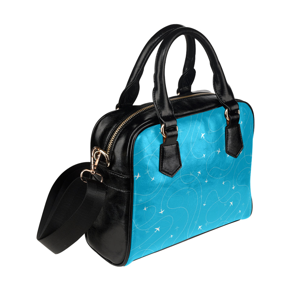 Airplane destinations blue background Shoulder Handbag