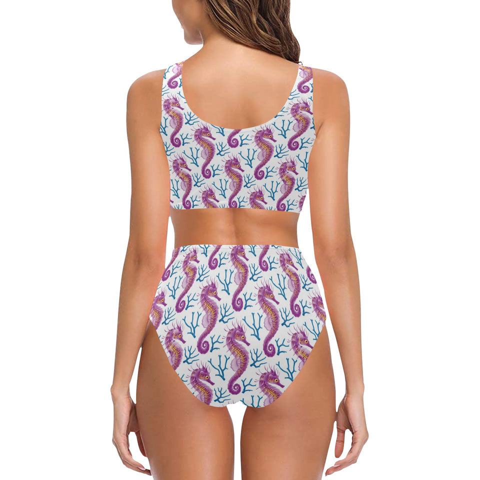 Purple seahorse blue coral pattern Chest Bowknot High Waisted Bikini Swimsuit