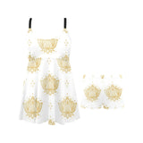 Gold Ornamental lotue waterlily symbol pattern Chest Sexy Pleated Two Piece Swim Dress