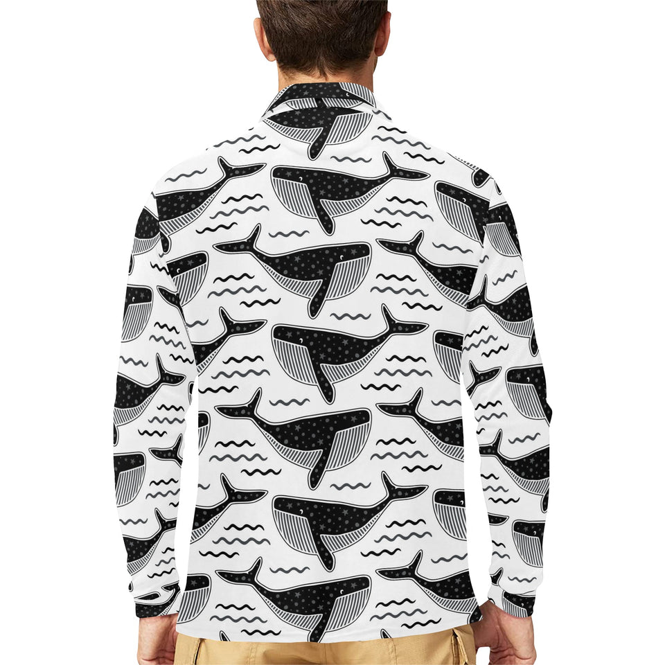 Black whale pattern Men's Long Sleeve Polo Shirt
