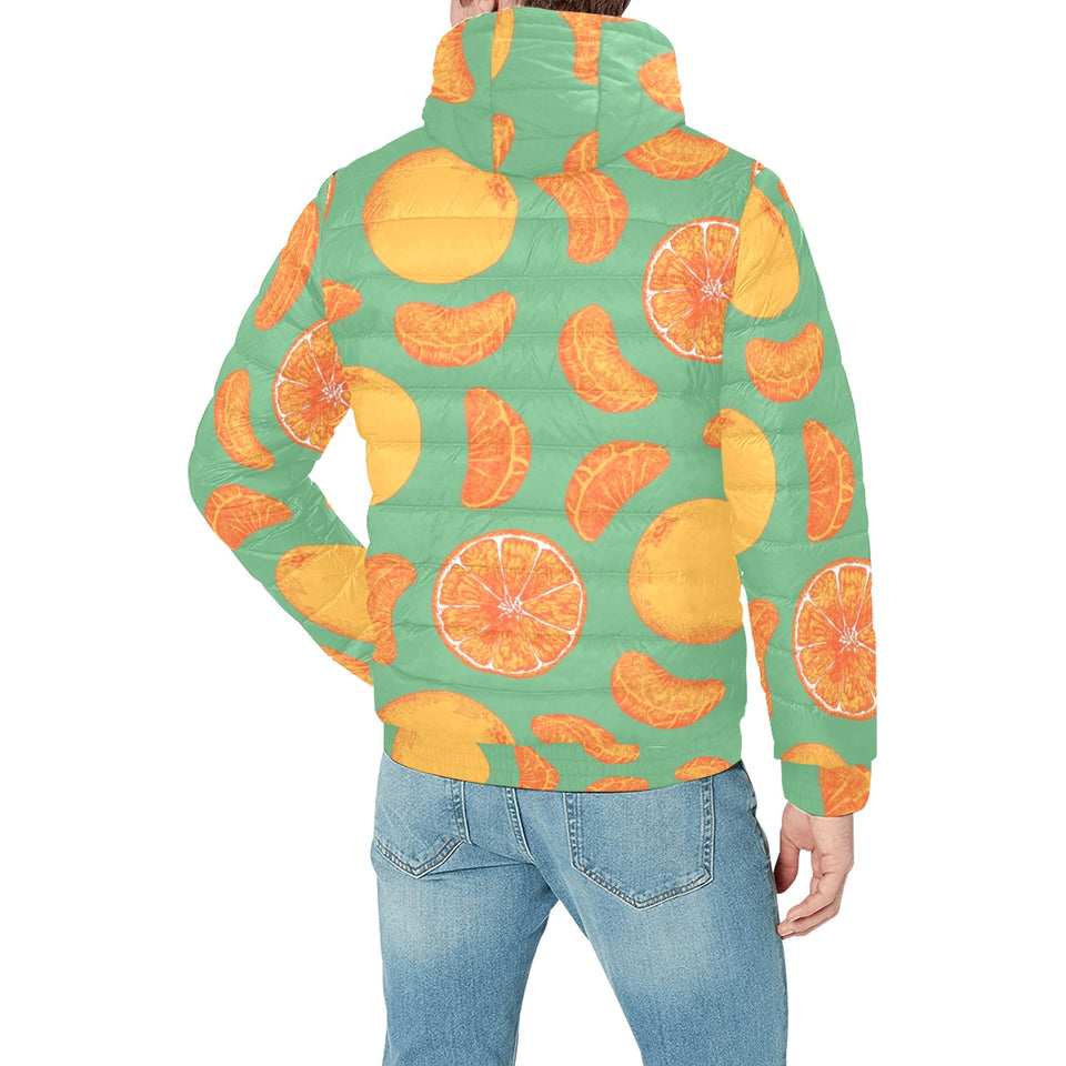 orange fruit pattern green background Men's Padded Hooded Jacket