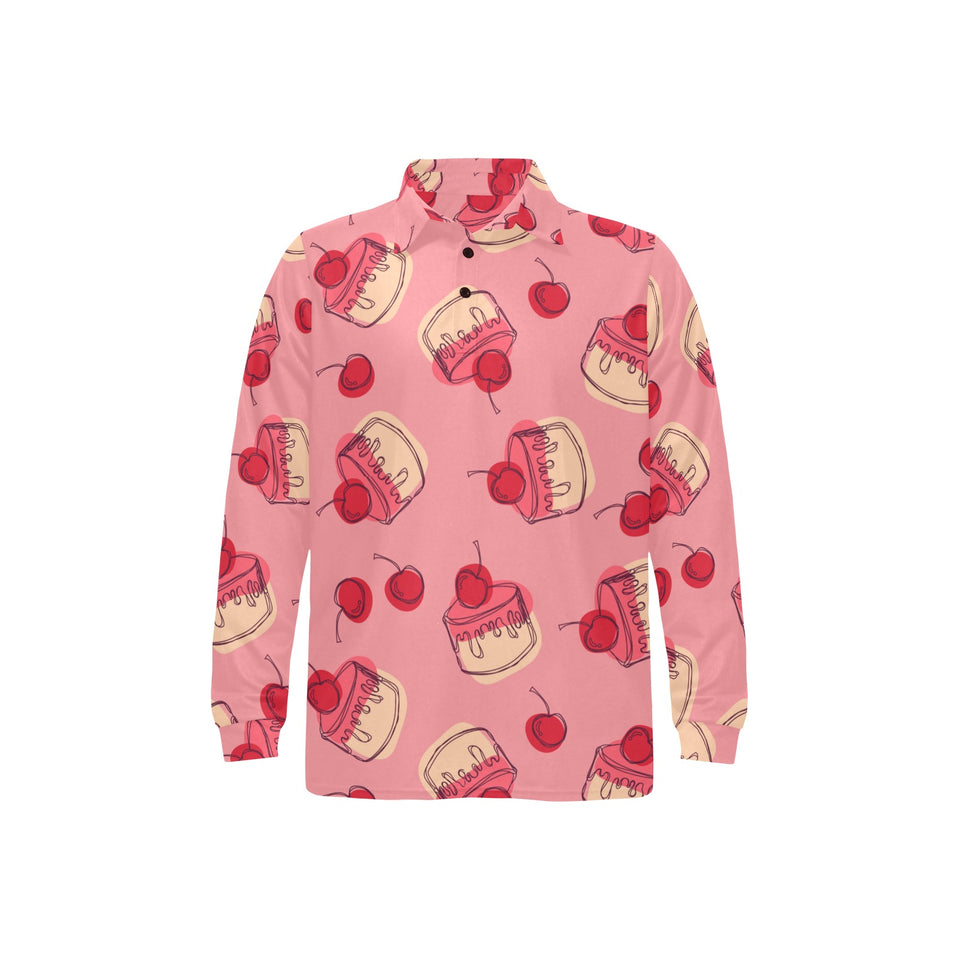 Cake cherry pattern Men's Long Sleeve Polo Shirt