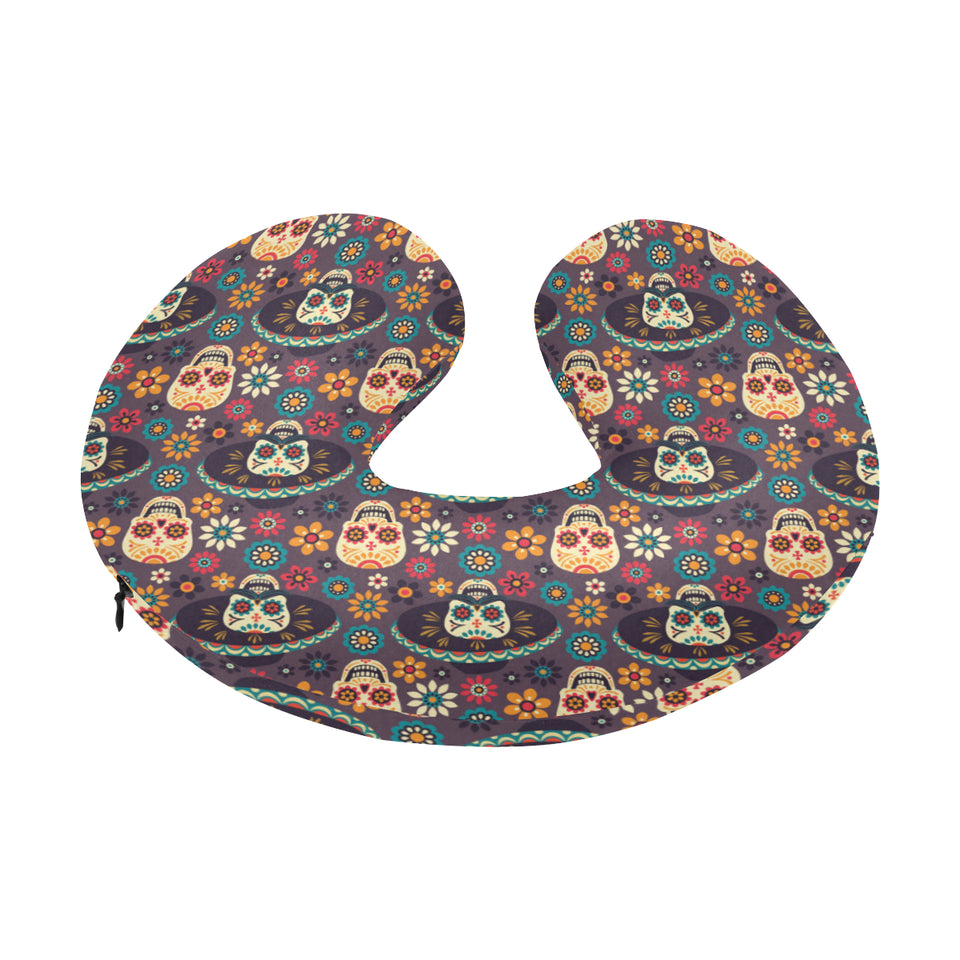 Sugar skulls flower maxican pattern U-Shaped Travel Neck Pillow