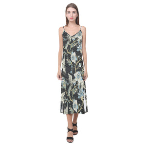 Japanese crane ornament elements V-Neck Open Fork Long Dress
