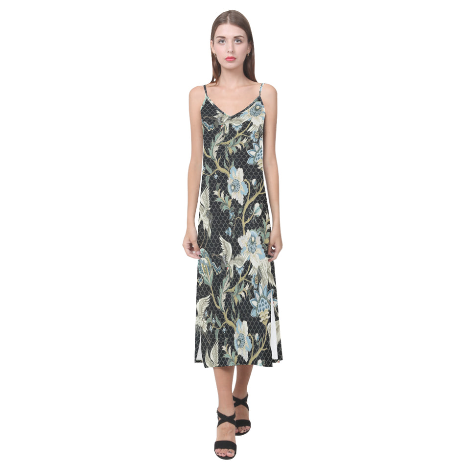 Japanese crane ornament elements V-Neck Open Fork Long Dress
