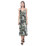 Japanese crane ornament elements V-Neck Open Fork Long Dress