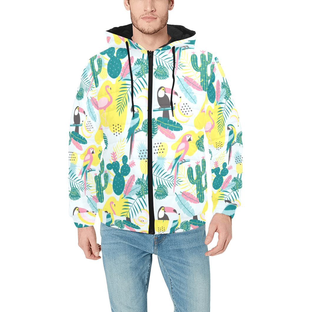 Cute parrot toucan flamingo cactus exotic leaves p Men's Padded Hooded Jacket