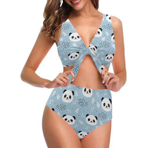 Cute panda pattern Chest Bowknot High Waisted Bikini Swimsuit