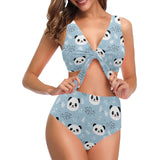 Cute panda pattern Chest Bowknot High Waisted Bikini Swimsuit