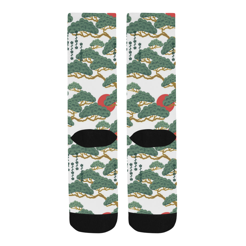 Bonsai red sun japanese pattern Crew Socks