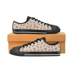 Cute Corgis Pattern pink background Kids' Boys' Girls' Low Top Canvas Shoes Black