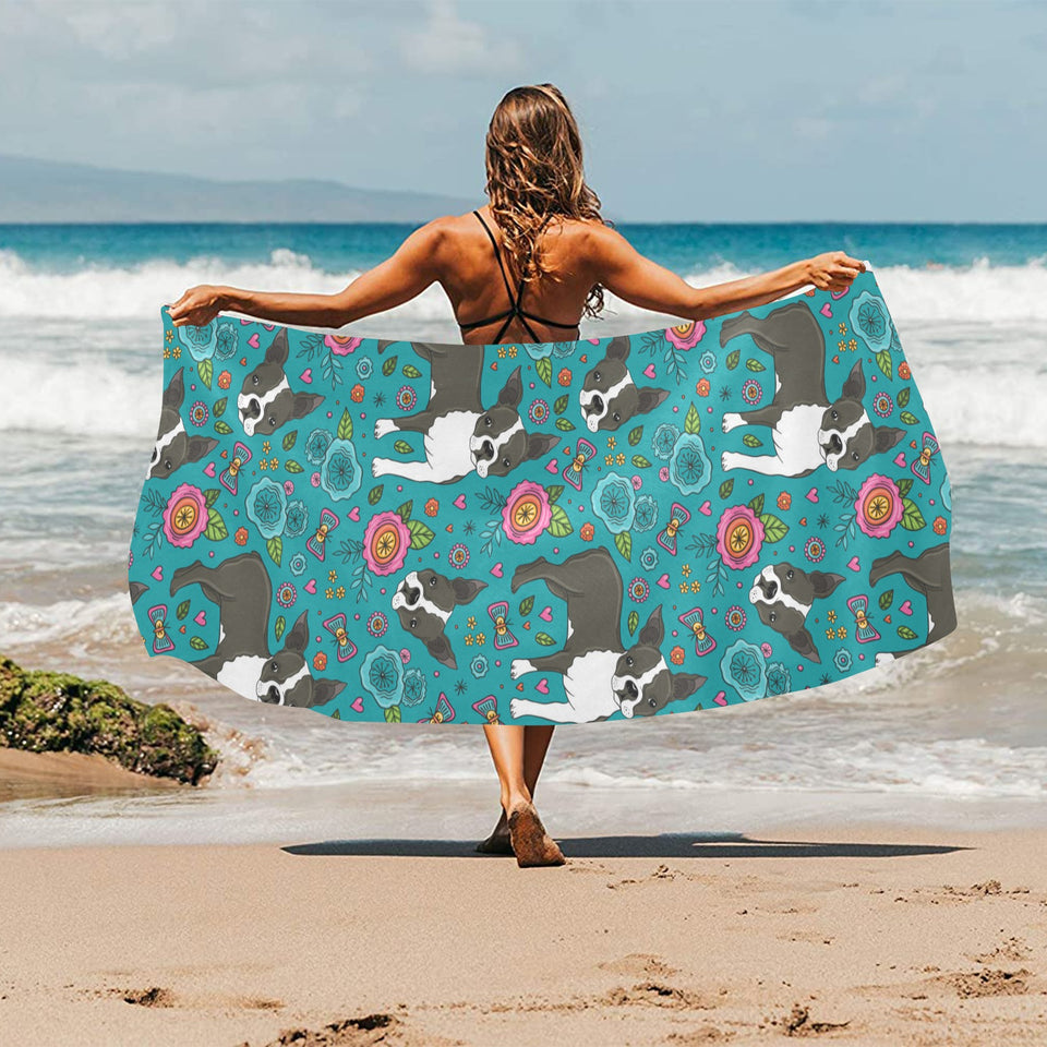Boston terrier beautiful flower pattern Beach Towel