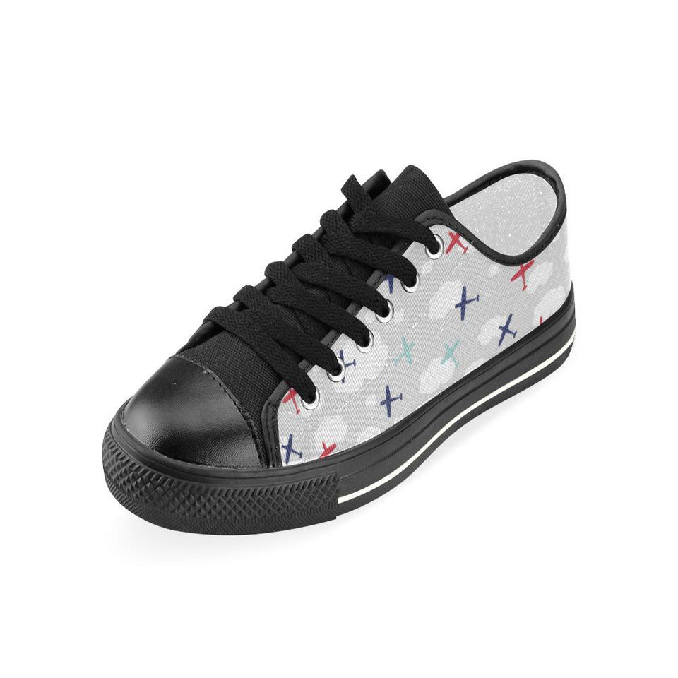Airplane cloud grey background Kids' Boys' Girls' Low Top Canvas Shoes Black
