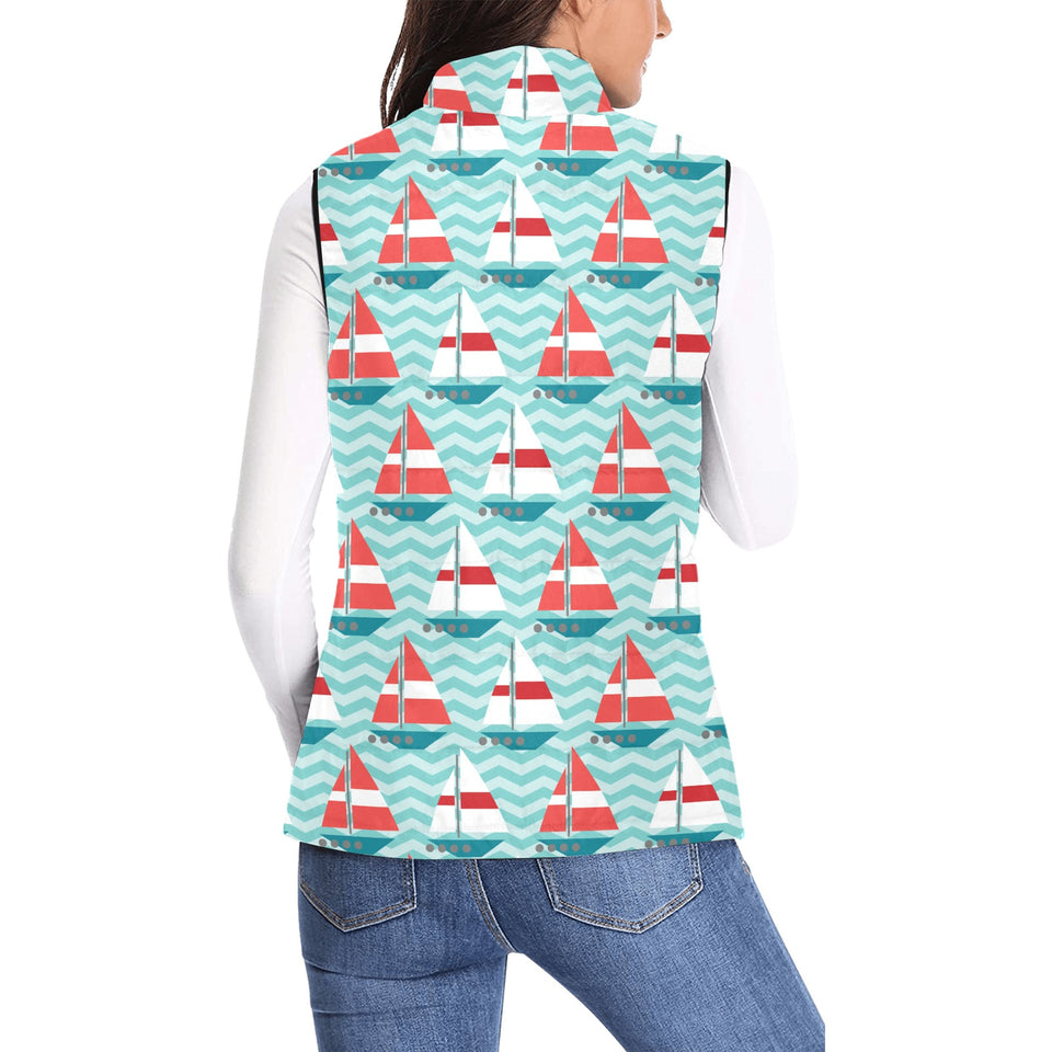 Red White sailboat wave background Women's Padded Vest