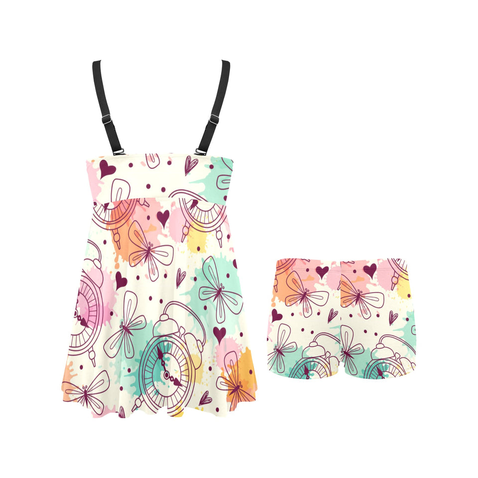 Clock butterfly pattern Chest Sexy Pleated Two Piece Swim Dress