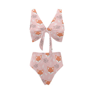 Cute fox pattern pink background Chest Bowknot High Waisted Bikini Swimsuit