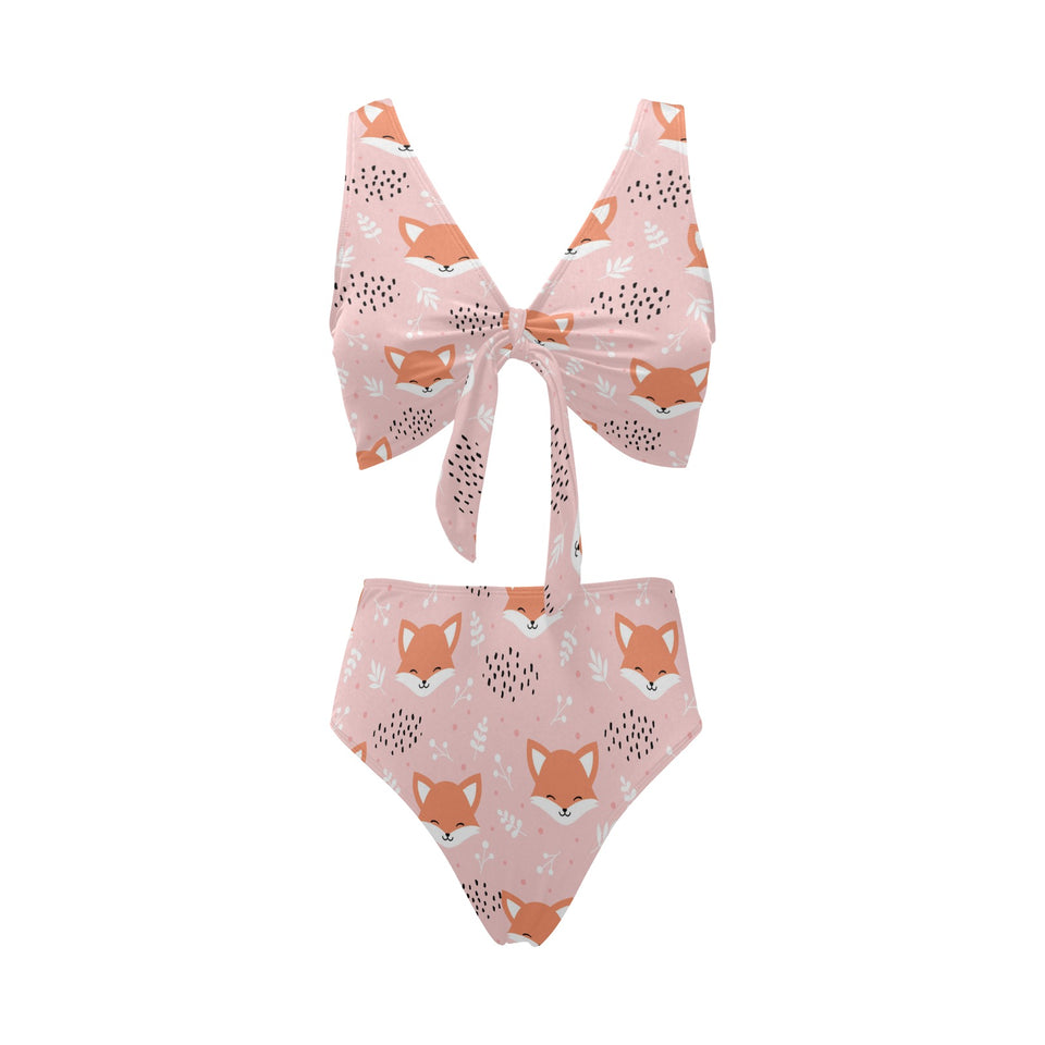 Cute fox pattern pink background Chest Bowknot High Waisted Bikini Swimsuit