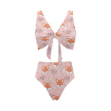 Cute fox pattern pink background Chest Bowknot High Waisted Bikini Swimsuit