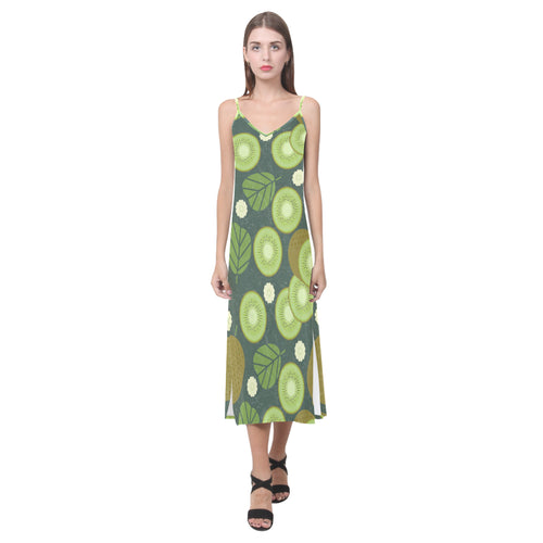 Whole sliced kiwi leave and flower V-Neck Open Fork Long Dress