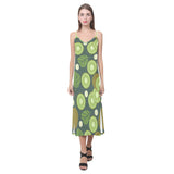 Whole sliced kiwi leave and flower V-Neck Open Fork Long Dress