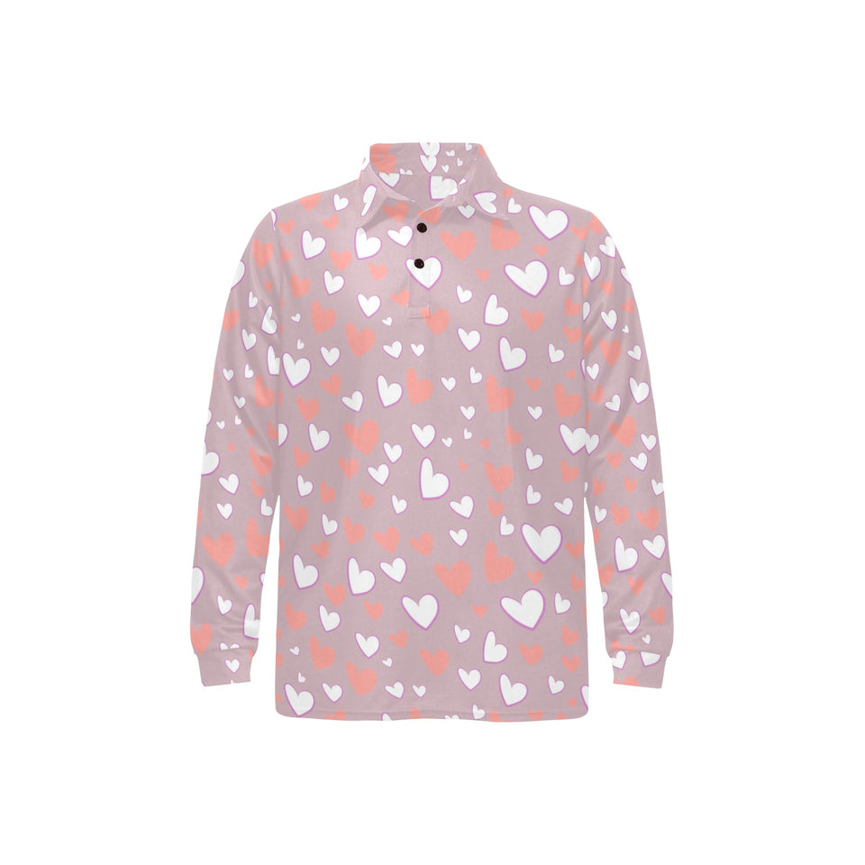 coral white heart pattern Men's Long Sleeve Polo Shirt