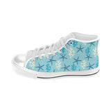 Blue starfish coral reef pattern Men's High Top Canvas Shoes White