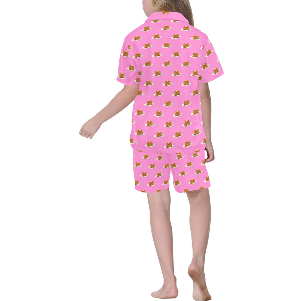 Pancake Pattern Print Design 04 Kids' Boys' Girls' V-Neck Short Pajama Set