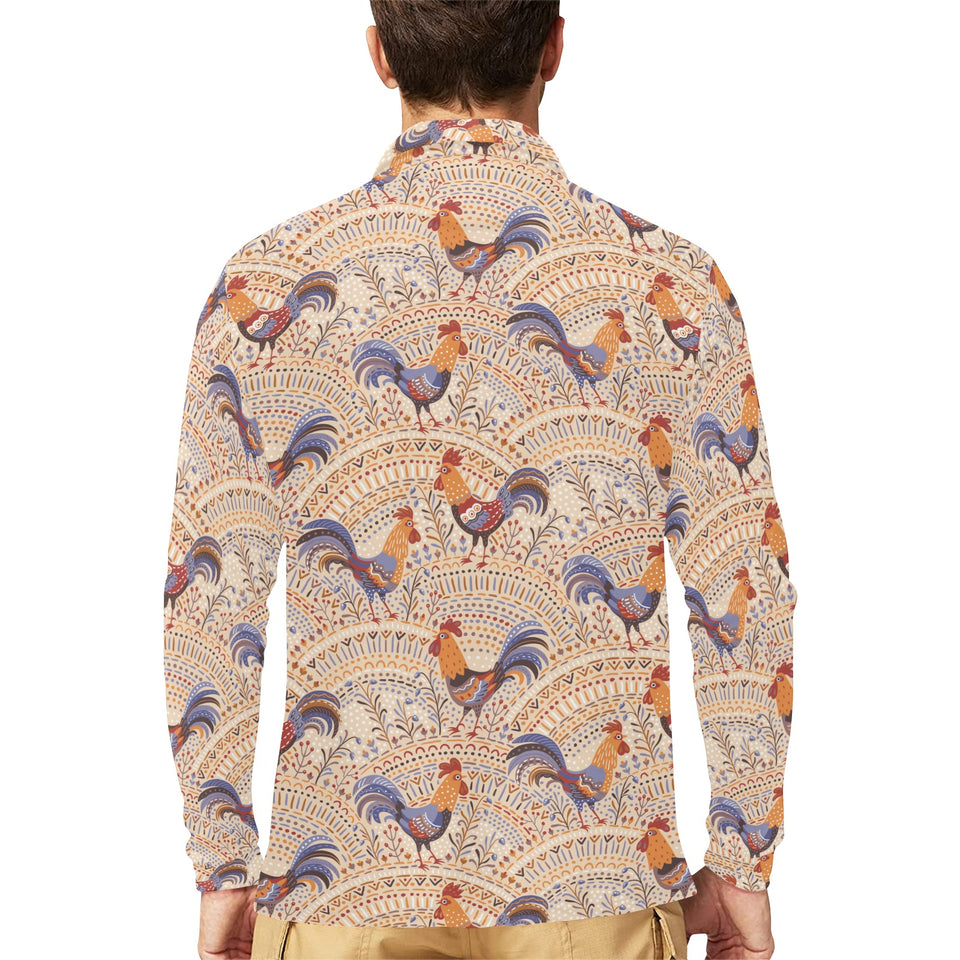Cute rooster chicken cock floral ornament backgrou Men's Long Sleeve Polo Shirt