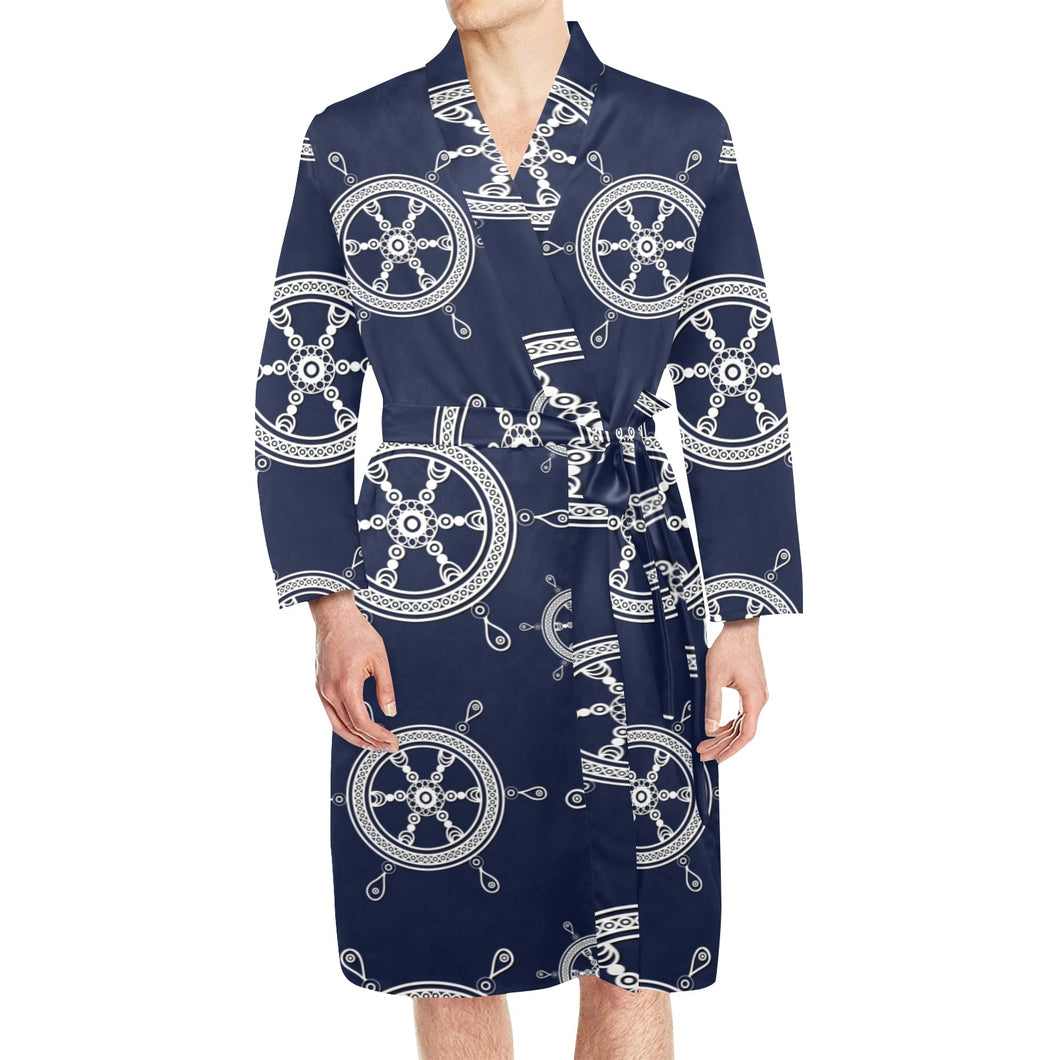 nautical steering wheel design pattern Men's Long Sleeve Belted Night Robe