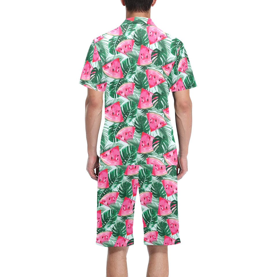 Watermelons tropical palm leaves pattern Men's V-Neck Short Pajama Set
