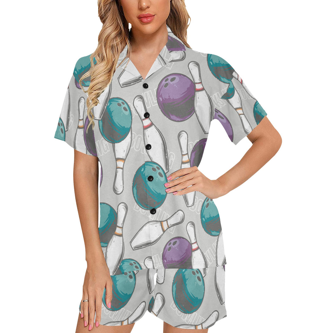 Bowling ball and pin gray background Women's V-Neck Short Pajama Set