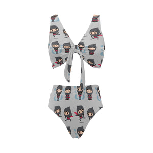 Cute ninja pattern Chest Bowknot High Waisted Bikini Swimsuit