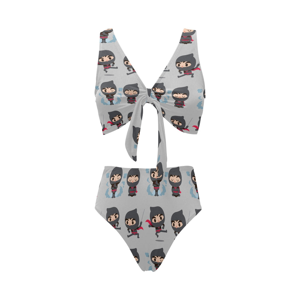 Cute ninja pattern Chest Bowknot High Waisted Bikini Swimsuit