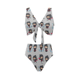 Cute ninja pattern Chest Bowknot High Waisted Bikini Swimsuit