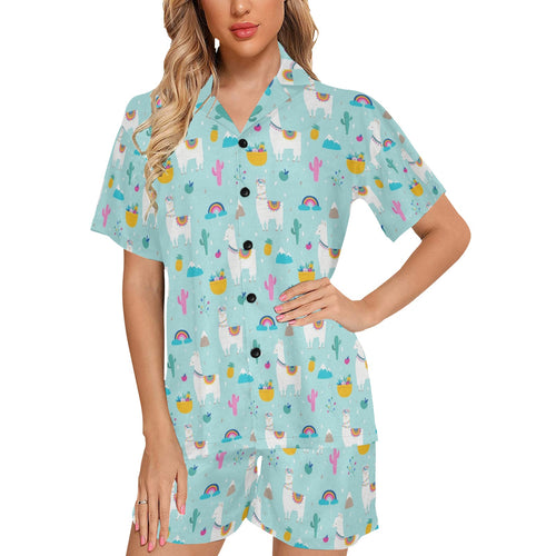 Llama alpaca cactus leaves pattern Women's V-Neck Short Pajama Set