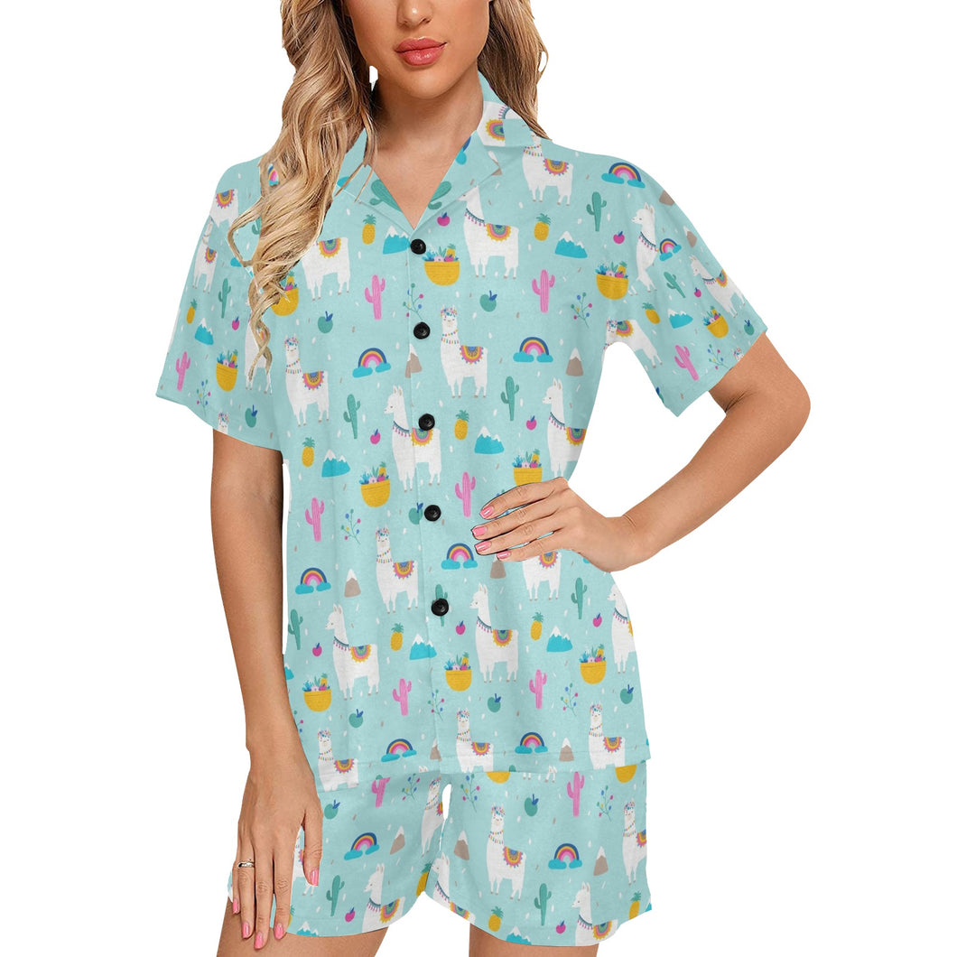 Llama alpaca cactus leaves pattern Women's V-Neck Short Pajama Set