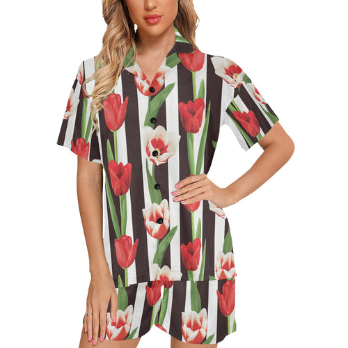 red and white tulips pattern Women's V-Neck Short Pajama Set