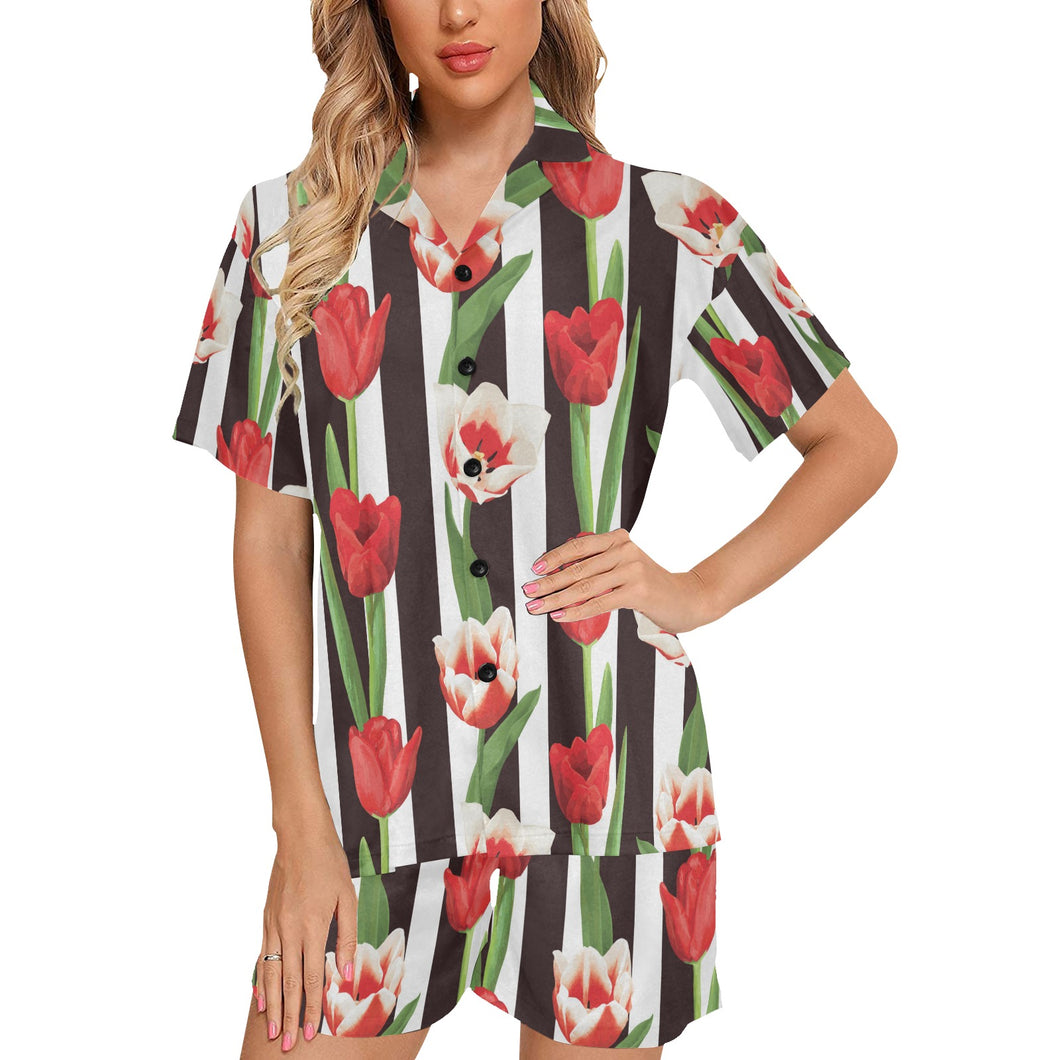 red and white tulips pattern Women's V-Neck Short Pajama Set