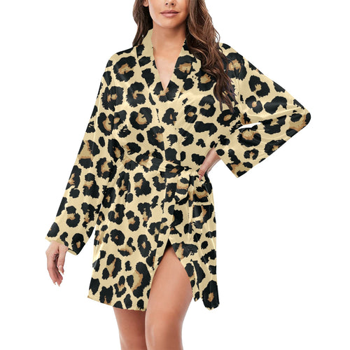 Leopard print design pattern Women's Long Sleeve Belted Night Robe