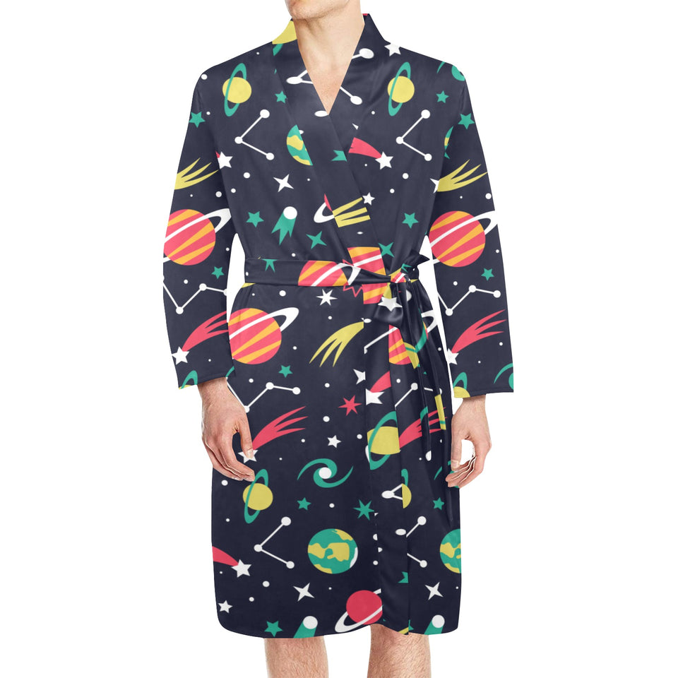colorful space pattern planet star Men's Long Sleeve Belted Night Robe