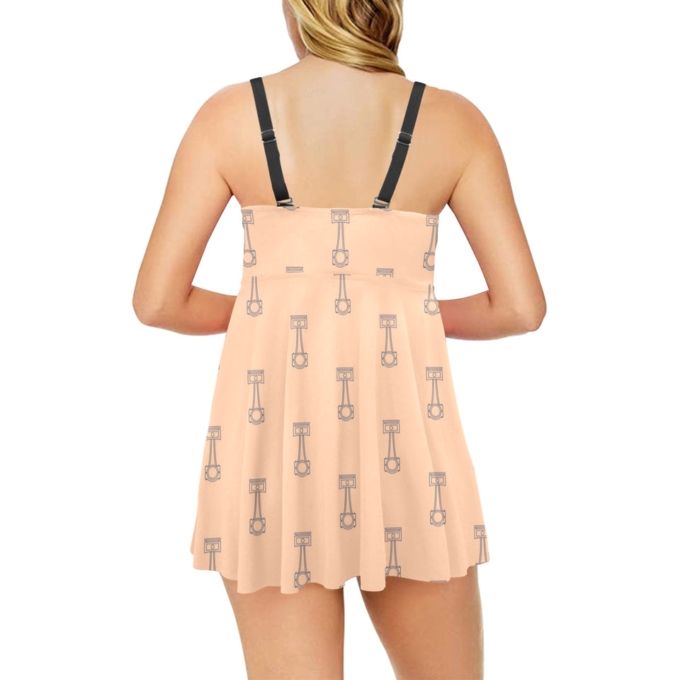 Engine Piston Cream Background Pattern Design 04 Chest Sexy Pleated Two Piece Swim Dress